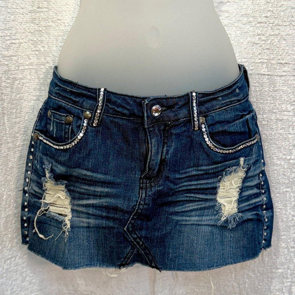A7 Rhinestone Bling Denim Mini Skirt M Destroyed Ripped 7 For All Mankind